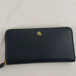 NWT Ralph Lauren Continental Large Black Leather Zip Around Wallet